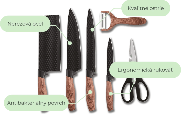 Kuchyňská sada obsahují sekáček, ostrý nůž, nůžky a škrabku