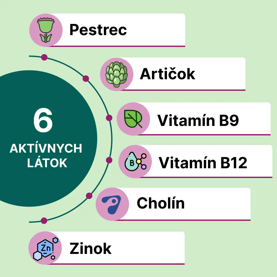 Hepactum FORTE se skládá z 6 aktivních látek: ostropestřec, artyčok, vitamín B9, vitamín B12, cholinu, a zinku